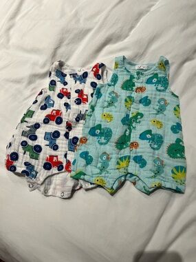 Angel Dear Baby Rompers with Dino/Lizard and Tractor Prints - Aqua & White
